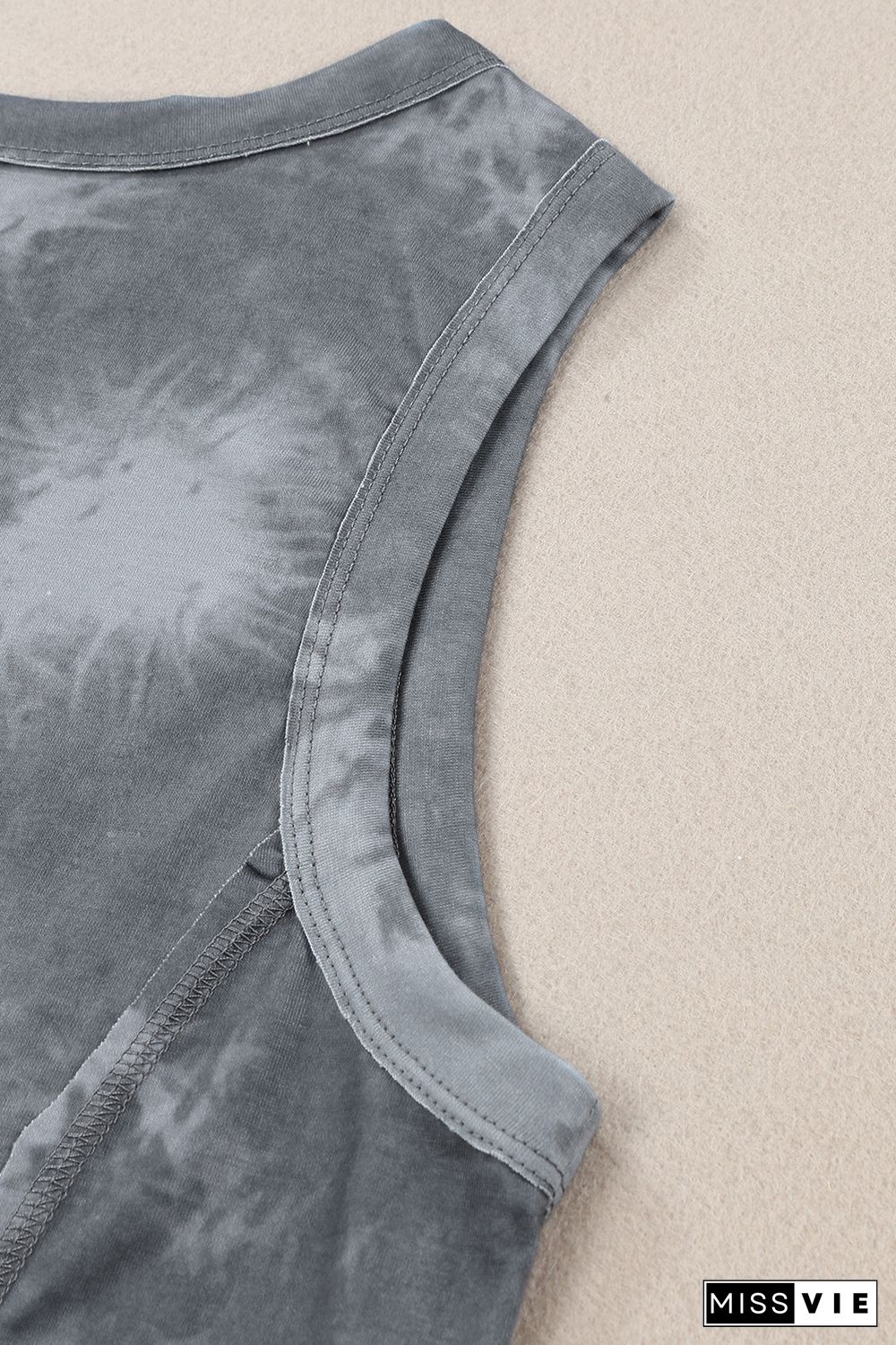 Gray Tie Dye Print Seamed Crew Neck Tank Top