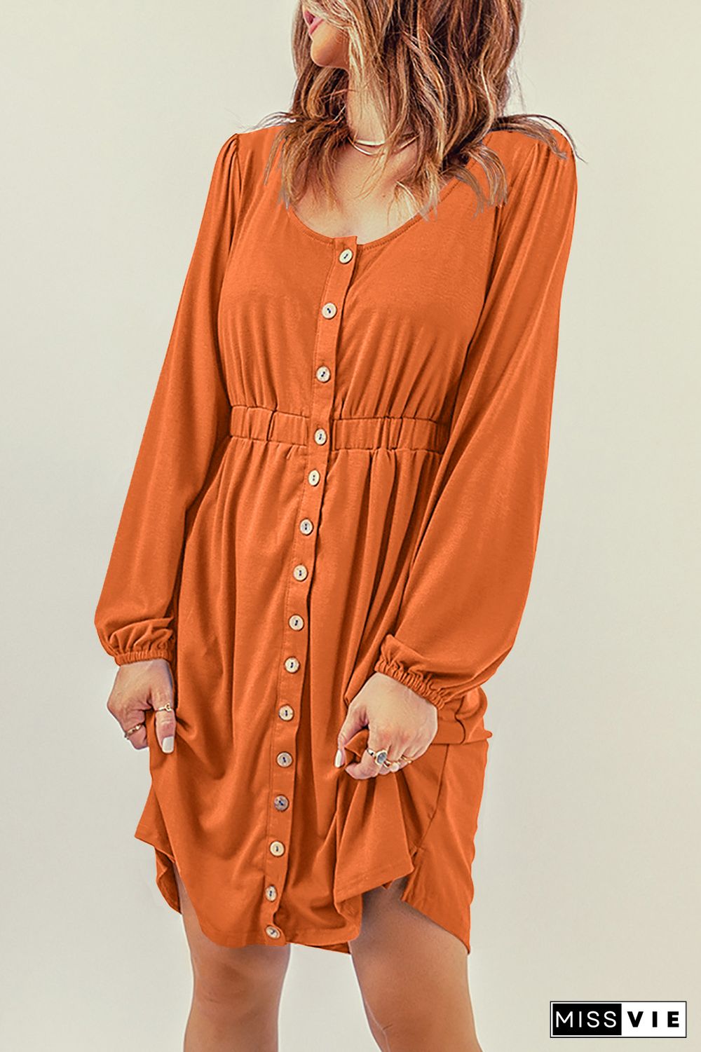 Orange Button Up High Waist Long Sleeve Dress