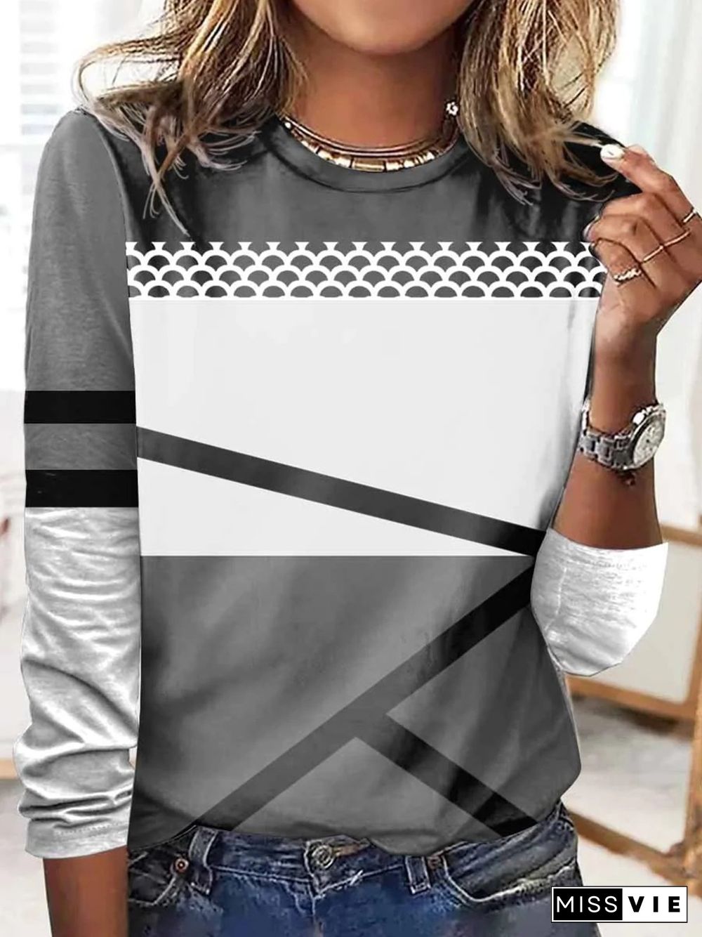 Geometric Crew Neck Loose Long Sleeve T-Shirt