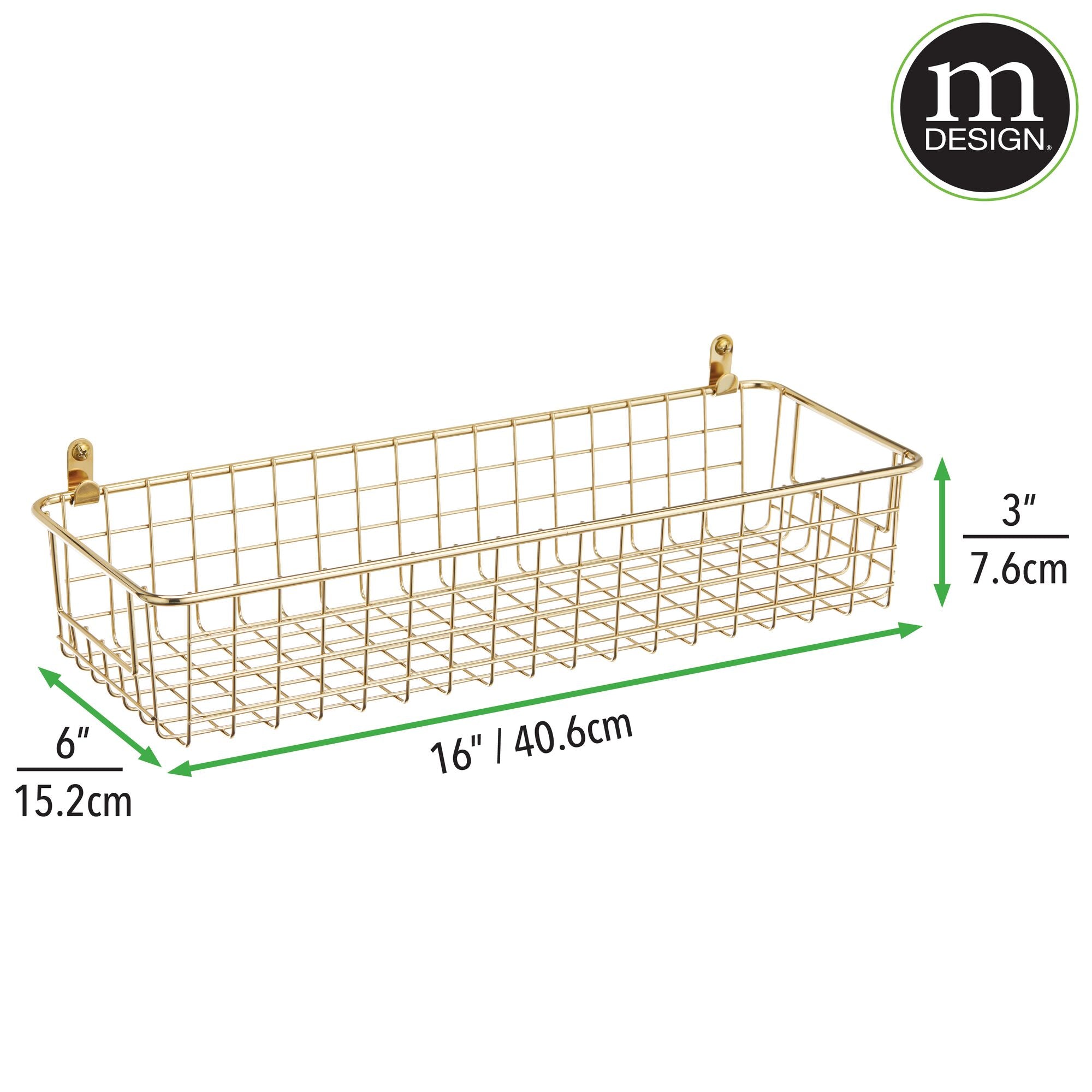 mDesign Wallmount Metal Storage Basket Tray with Handles - Decorative Organizer for Hanging in Entryway, Mudroom, Bedroom, Bathroom, Laundry Room - Small - Hooks Included - Soft Brass