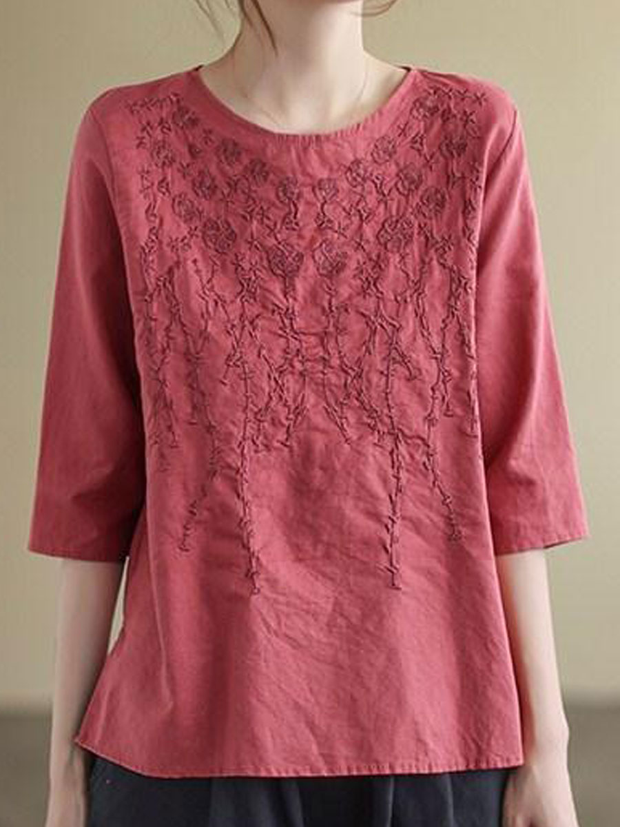 Round Neck Casual Loose Embroidered Short Sleeve Blouse