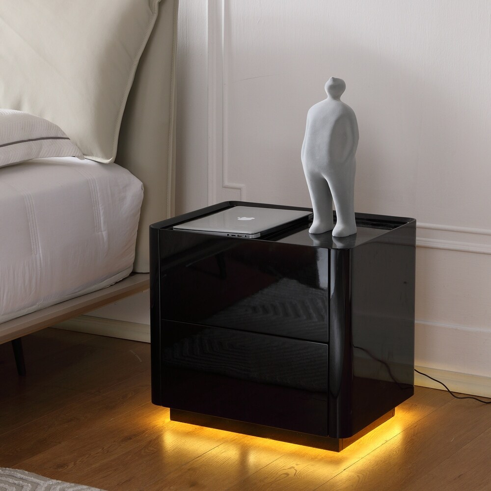 2 Drawer Modern Nightstand with Sensor Light  Wood Storage Bedside Table