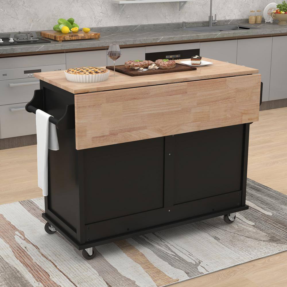 Black Rubber Wood Flodable Drop-Leaf Countertop 52.2 in. W Kitchen Island with Concealed Sliding Barn Door Drawers W999VESINK25