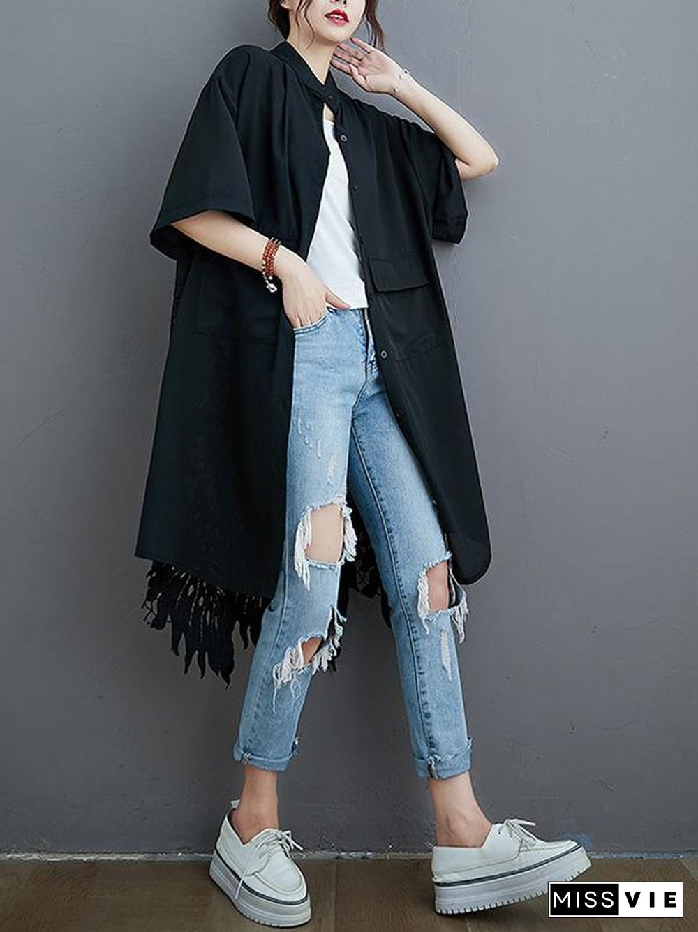 Loose Split-Joint Hollow Solid Long Blouse