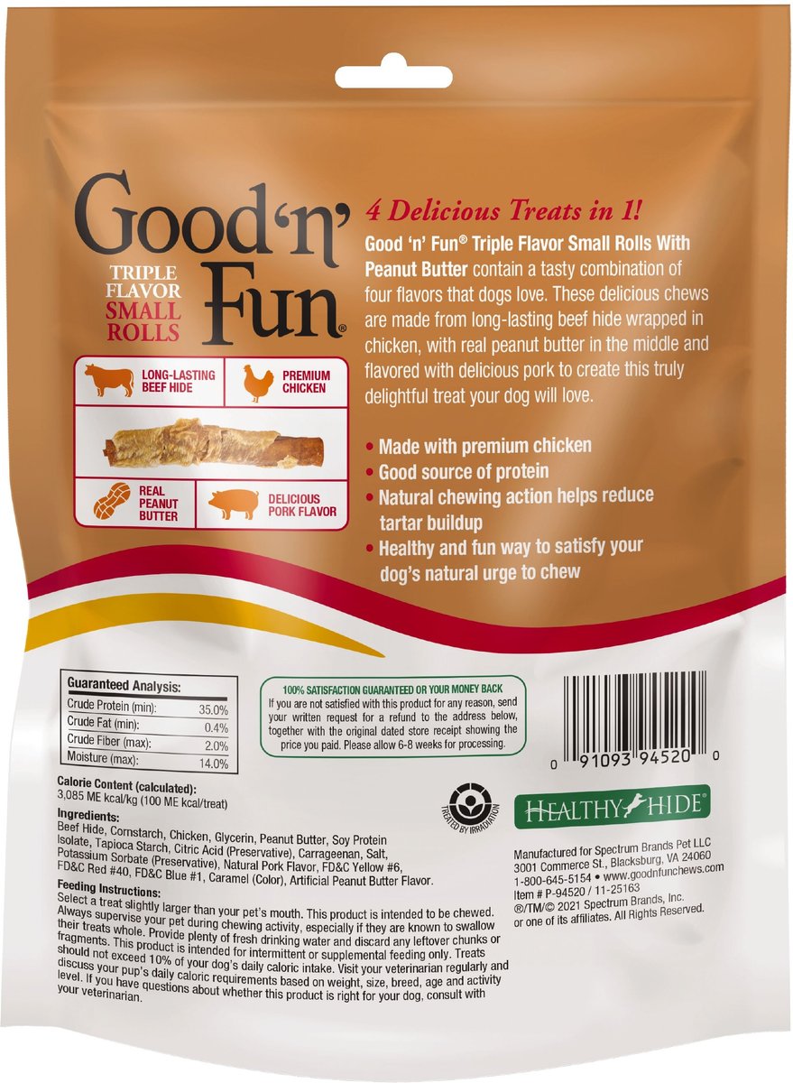 Good 'n' Fun Triple Flavor Peanut Butter Small Rolls Dog Rawhide Treat， 8.4-oz bag， 8 count