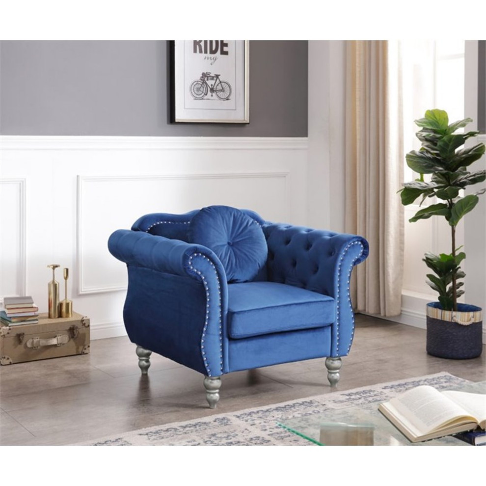 Maklaine Transitional Tufted Velvet Chair in Navy Blue Finish   Eclectic   Armchairs And Accent Chairs   by Homesquare  Houzz