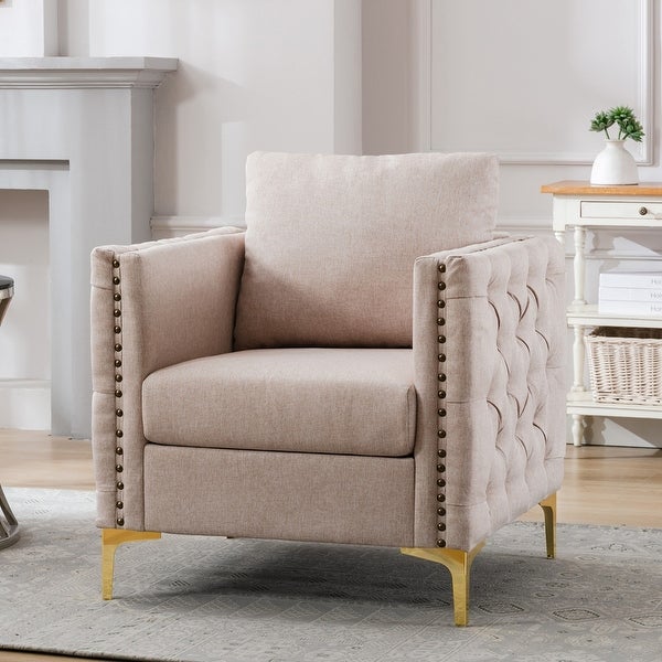 Modern Velvet Armchair Tufted Button Accent Chair Club Chair with Steel Legs