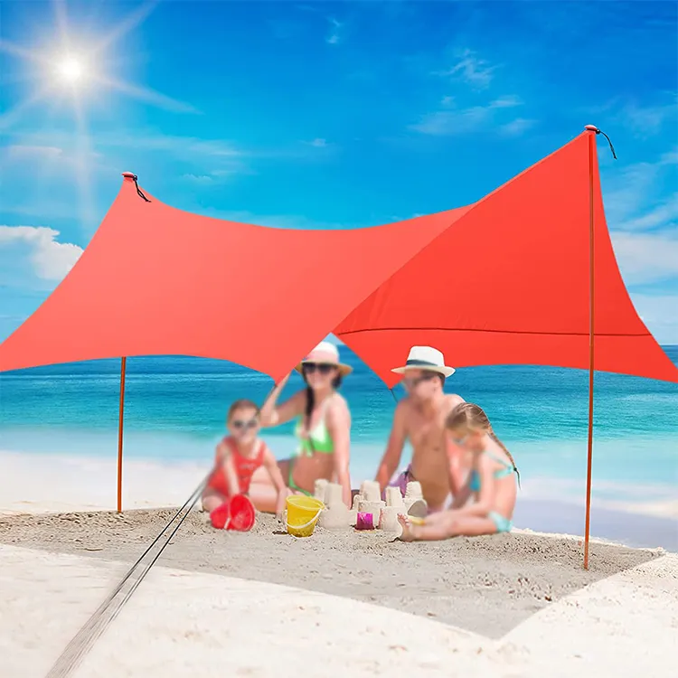 Portable Windproof UV50+ camping Awning canopy sunshade beach shade tent with sandbags with four poles