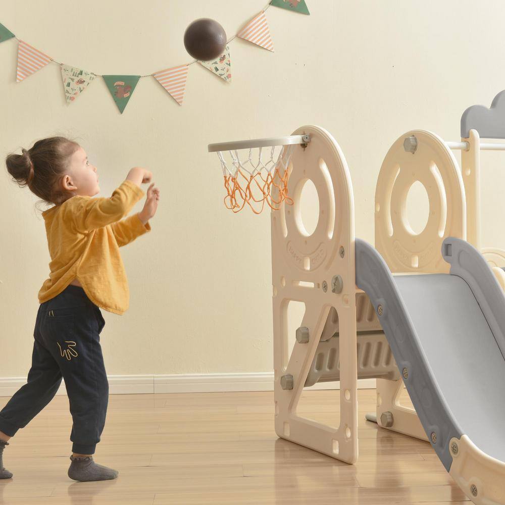 4-In-1 Gray 4.4 ft. Slide for Kids Toddler Climber Bus Slide Set with Basketball Hoop LN20232400