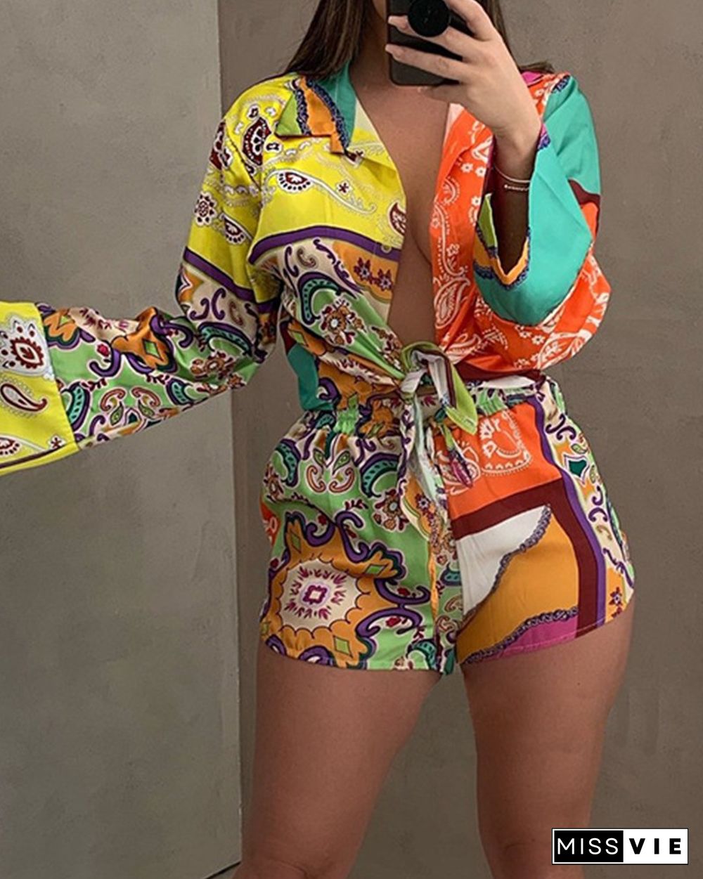 All Over Print Button Front Blazer & Drawstring Waist Shorts Set