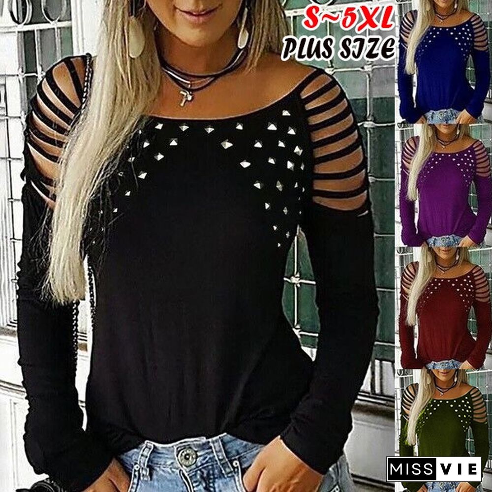 New Women Trending Autumn Fashion O Neck Hollow-Out Studded Long Sleeve Drill T Shirts Casual Solid Color Tops Plus Size