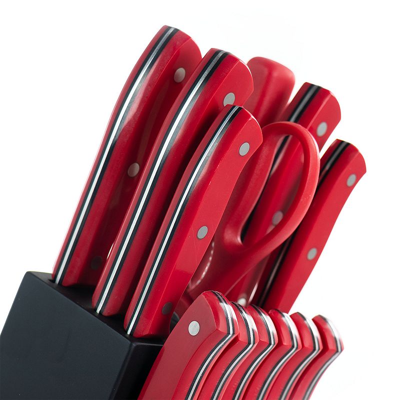 Oster Cocina Steffen 14 Piece Stainless Steel Cutlery Set in Red with Hardwood Storage Block