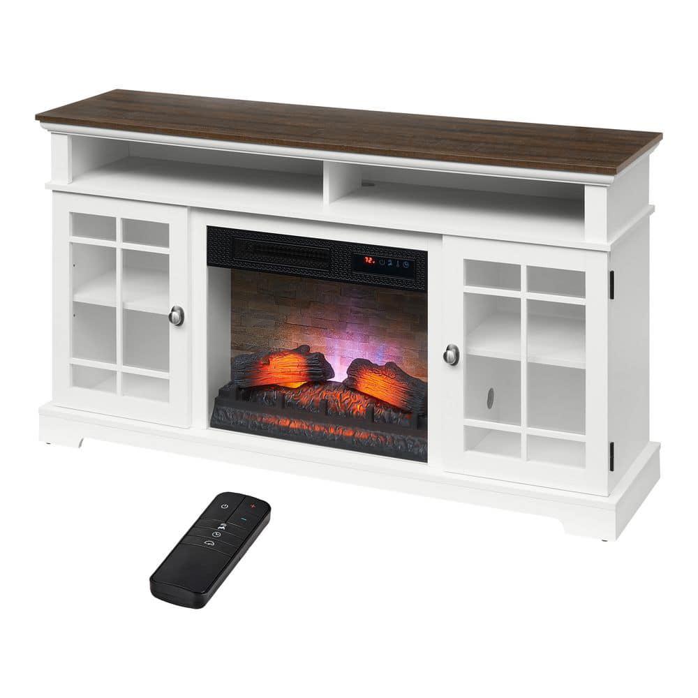 StyleWell Canteridge 60 in Freestanding Media Console Electric Fireplace TV Stand in White with Brown Top