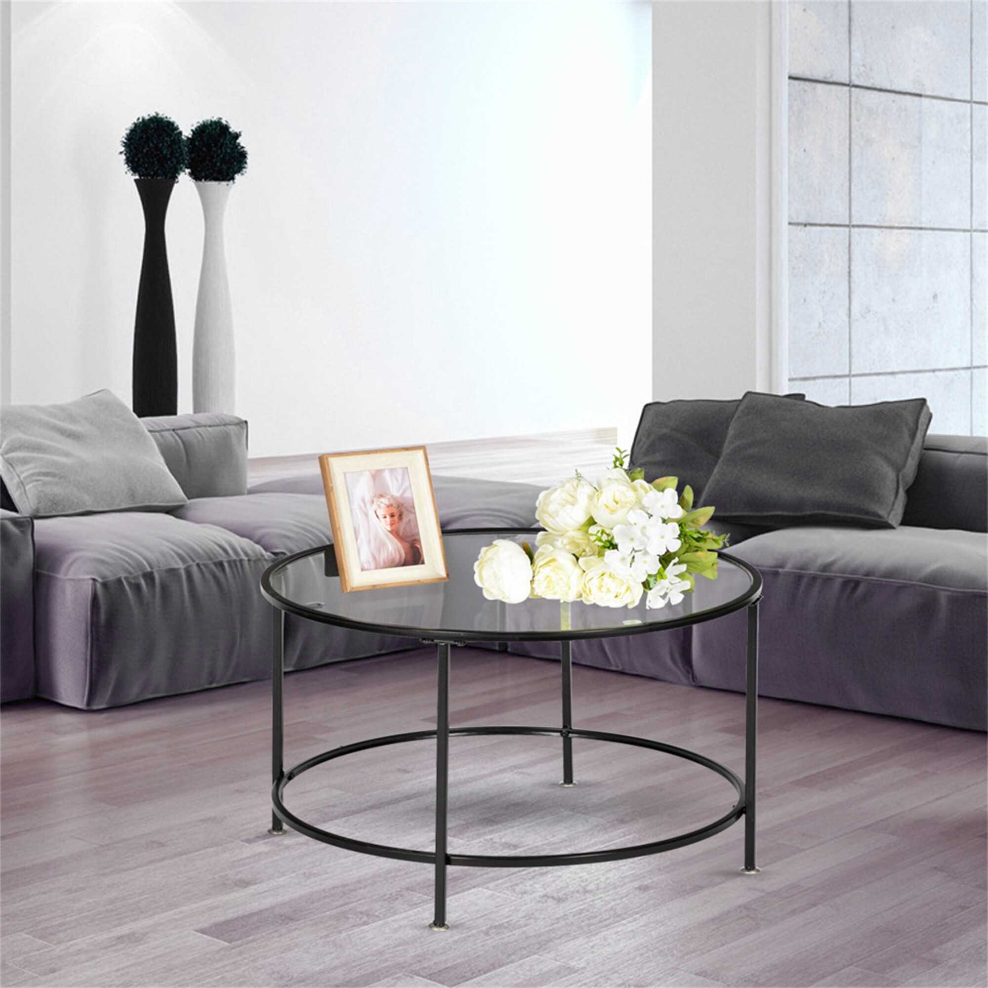 Tempered Glass Countertops Round Coffee Table Black