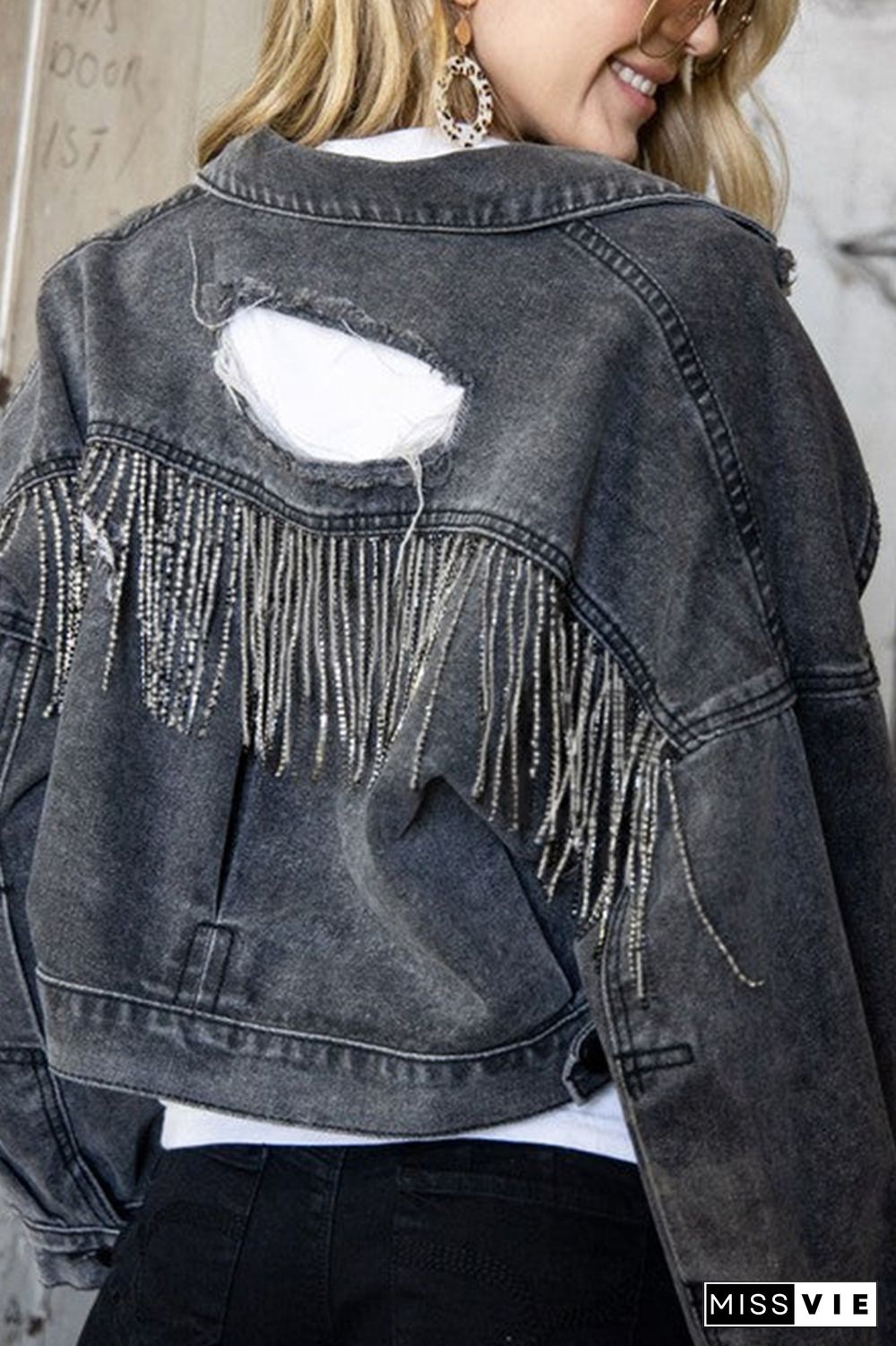 Ripped Tassle Chain Washed Denim Jacket