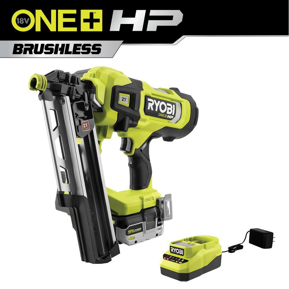 RYOBI ONE+ HP 18V Brushless Cordless AirStrike 21 Framing Nailer Kit with 4.0 Ah Battery and Charger PBL345KN