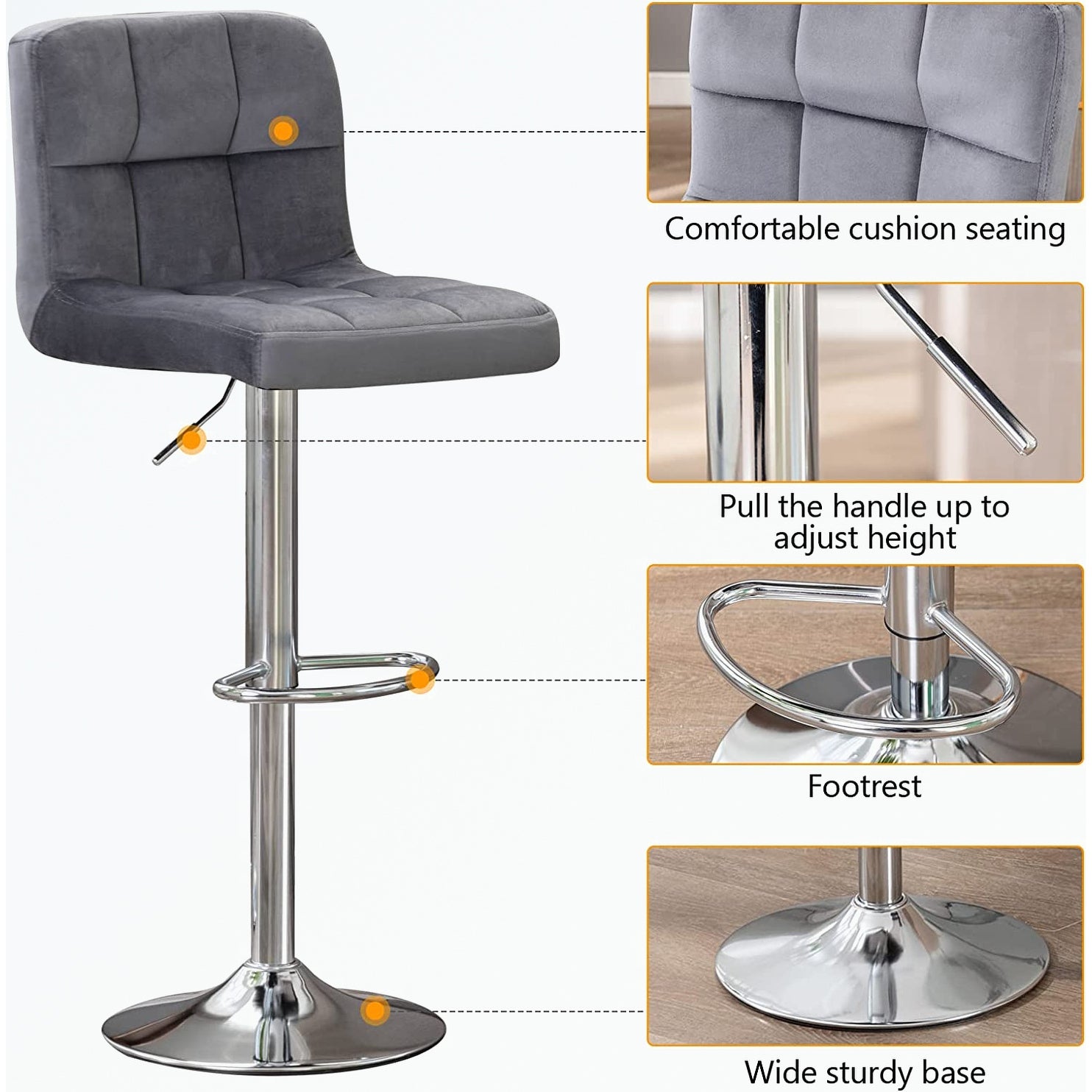 Swivel Velvet Bar Stools with Back，Height Adjustable