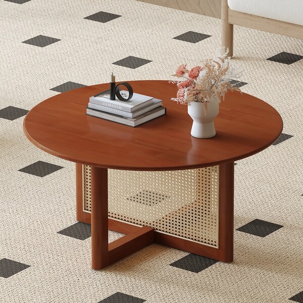 Elegant Wooden Coffee Table with Faux Rattan Accents