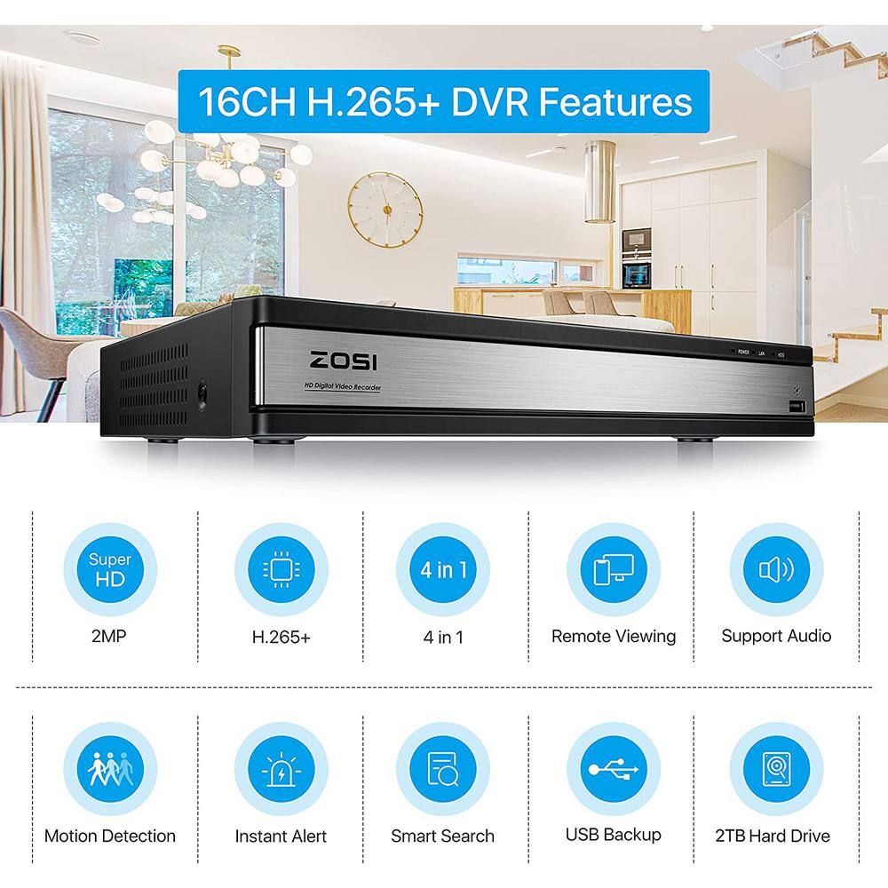 ZOSI 16-Channel 5MP-Lite 2TB DVR Security Camera System with 4-Wired 1080P Outdoor Surveillance Cameras 16FK-261B4S-20-US