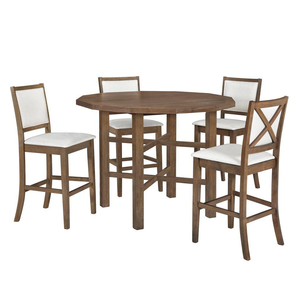 Harper  Bright Designs 5-piece Brown Irregular Round MDF Top Dining Table Set Seats 4 with 4 High-back Cushioned Chairs DT143AAD