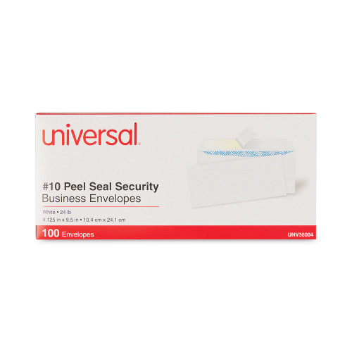 Universal Peel Seal Strip Security Tint Business Envelope， #10， Square Flap， Self-Adhesive Closure， 4.13 x 9.5， White， 100/Box (36004)