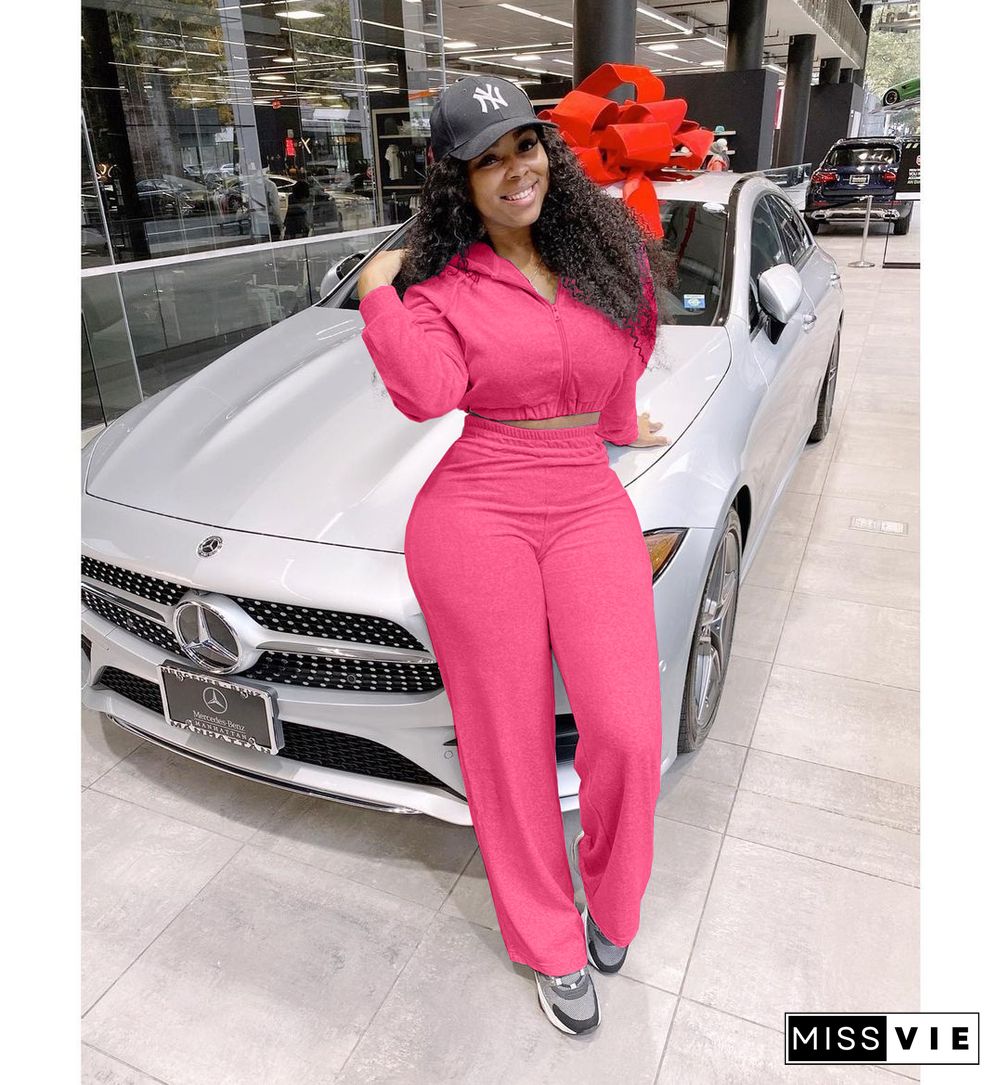 Solid Color Hooded Crop Top Wide Leg Pants Tracksuit