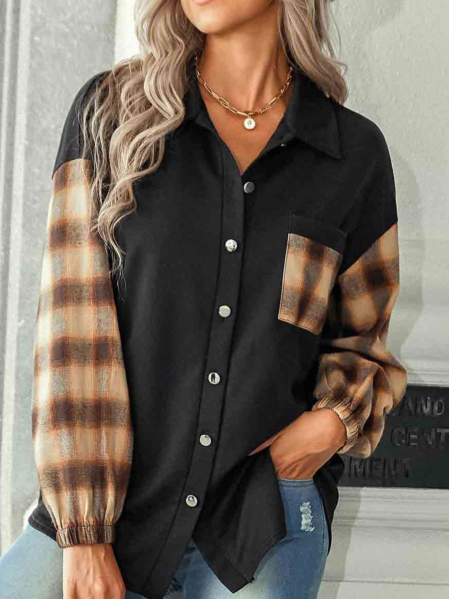 Pocket Tartan Print Black Shirt Collar Shirt