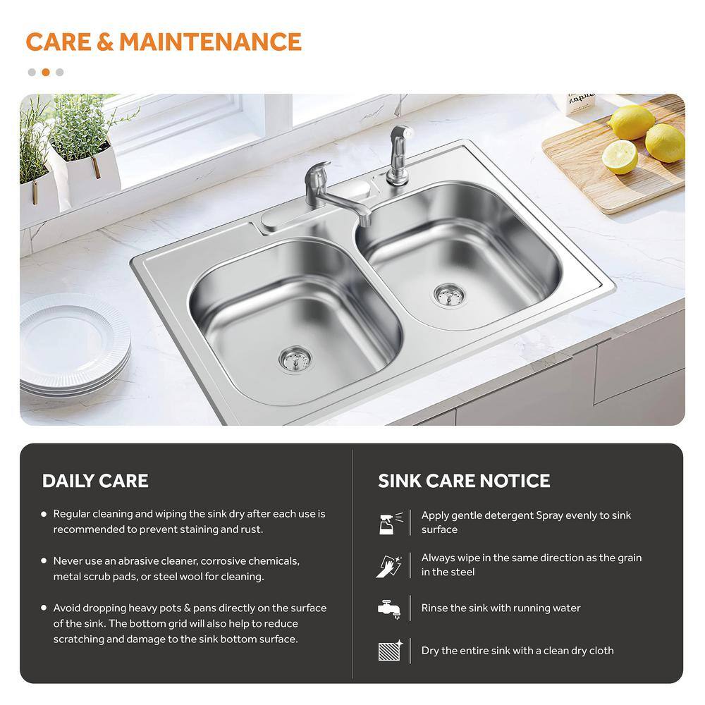 Glacier Bay 33 in. All-in-One Drop-In Stainless Steel 4-Hole Double Bowl Kitchen Sink with Faucet and Sprayer VT3322A08SHA1-2