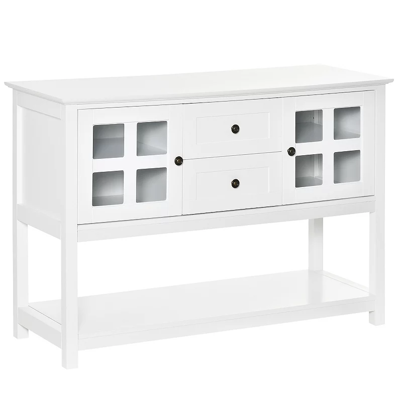 HOMCOM Kitchen Sideboard Serving Buffet Cabinet Cupboard Console Table with Adjustable Shelves Glass Doors and 2 Drawers for Living Room White