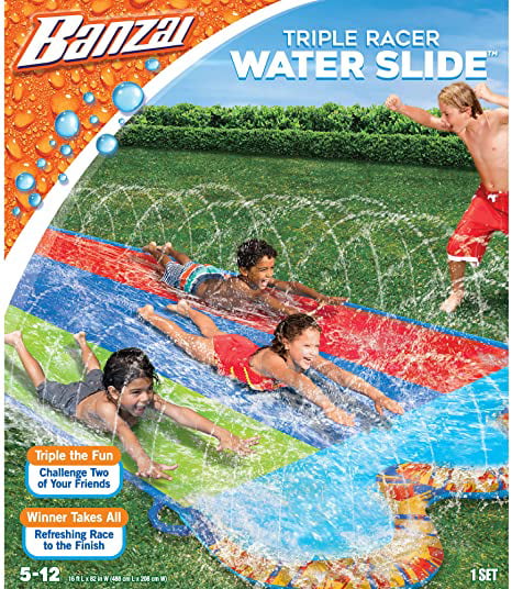 Banzai Kids Triple Racer Inflatable Water Slide, 16 ft x 82 in, Outdoor Splash Toy