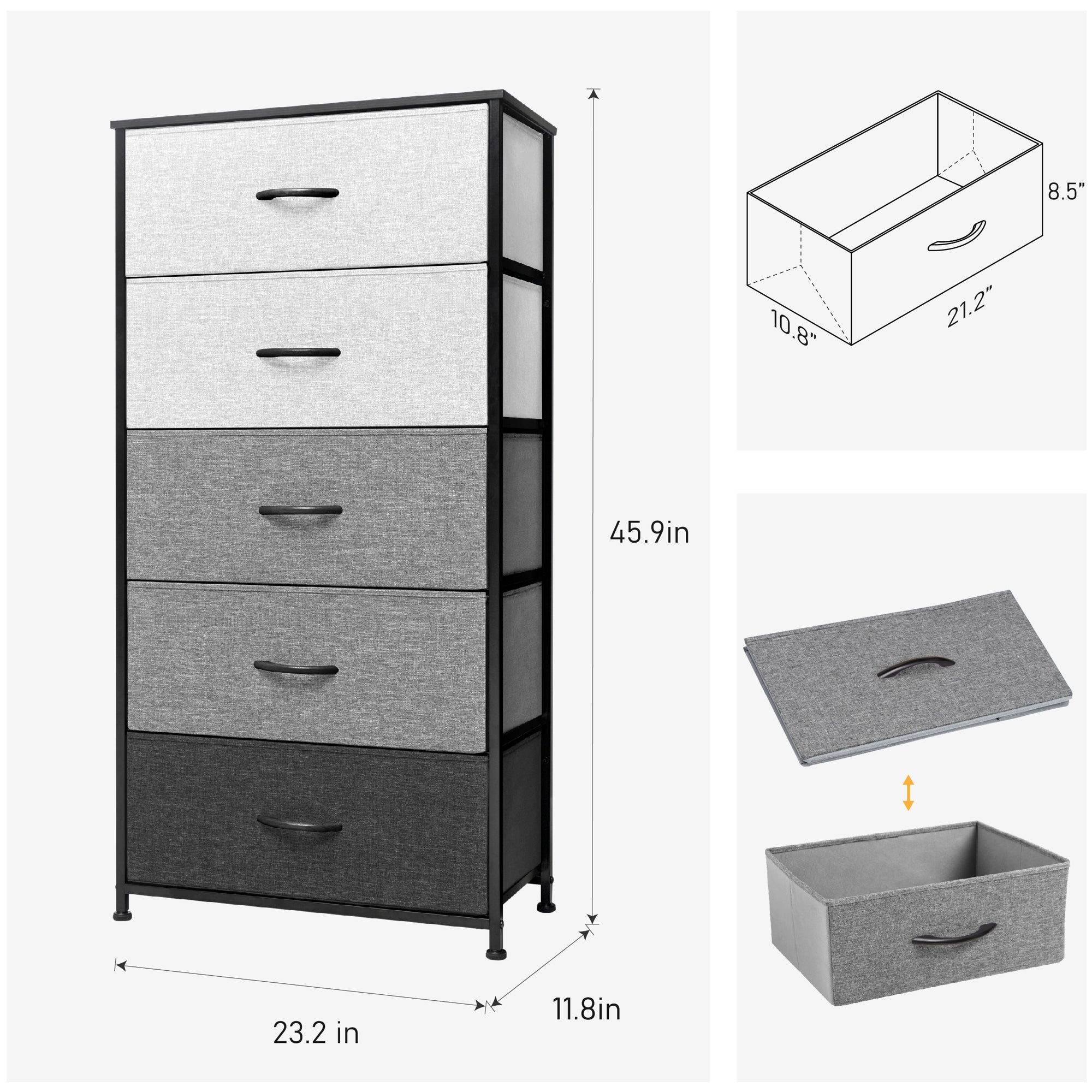 Pellebant Gray & Black 5 Drawers Vertical Dresser Storage Tower Organizer