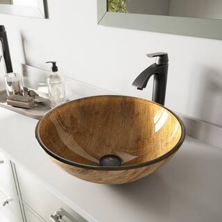 VIGO Glass Round Vessel Bathroom Sink in Wooden Brown with Linus Faucet and Pop-Up Drain in Antique Rubbed Bronze VGT391