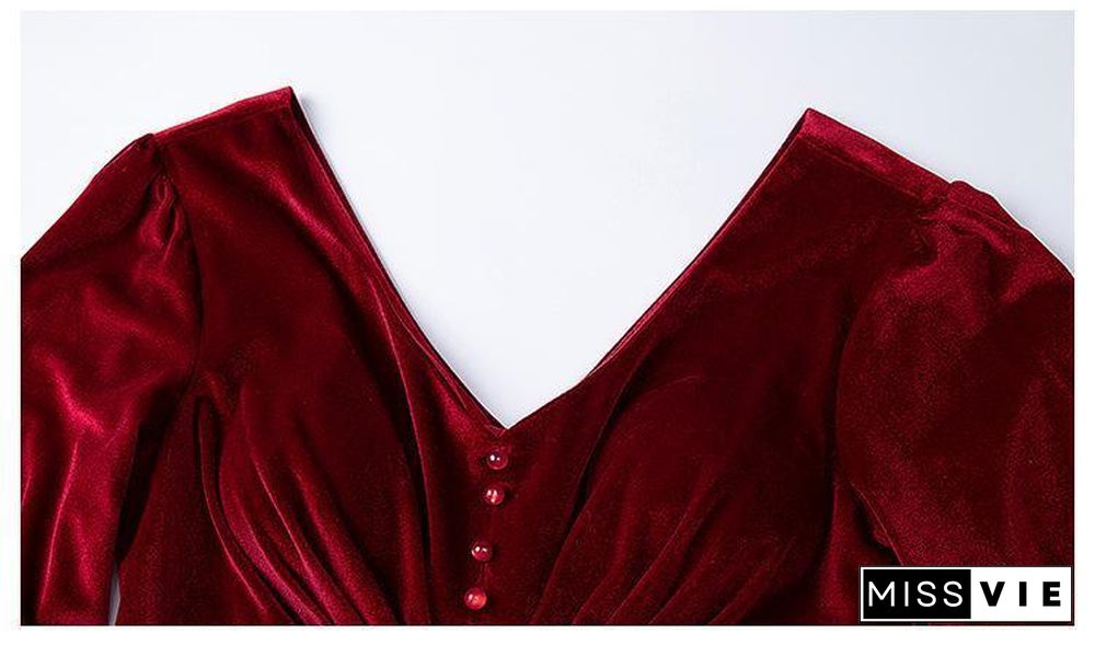 Wine Red Velvet Long Sleeve Swing Dress