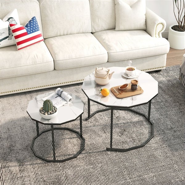 Nesting Coffee Table Modern Center Table Waterproof Side Table with White Artificial Marble Top End Table with Metal Frame