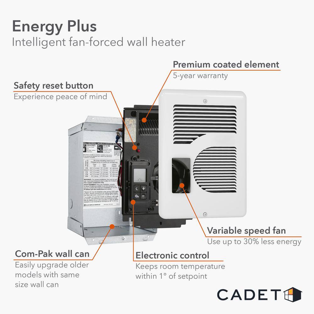 Cadet 240208120-volt 160015001000-watt Energy Plus In-wall Fan-forced Electric Heater in White with Digital Thermostat CEC163TW