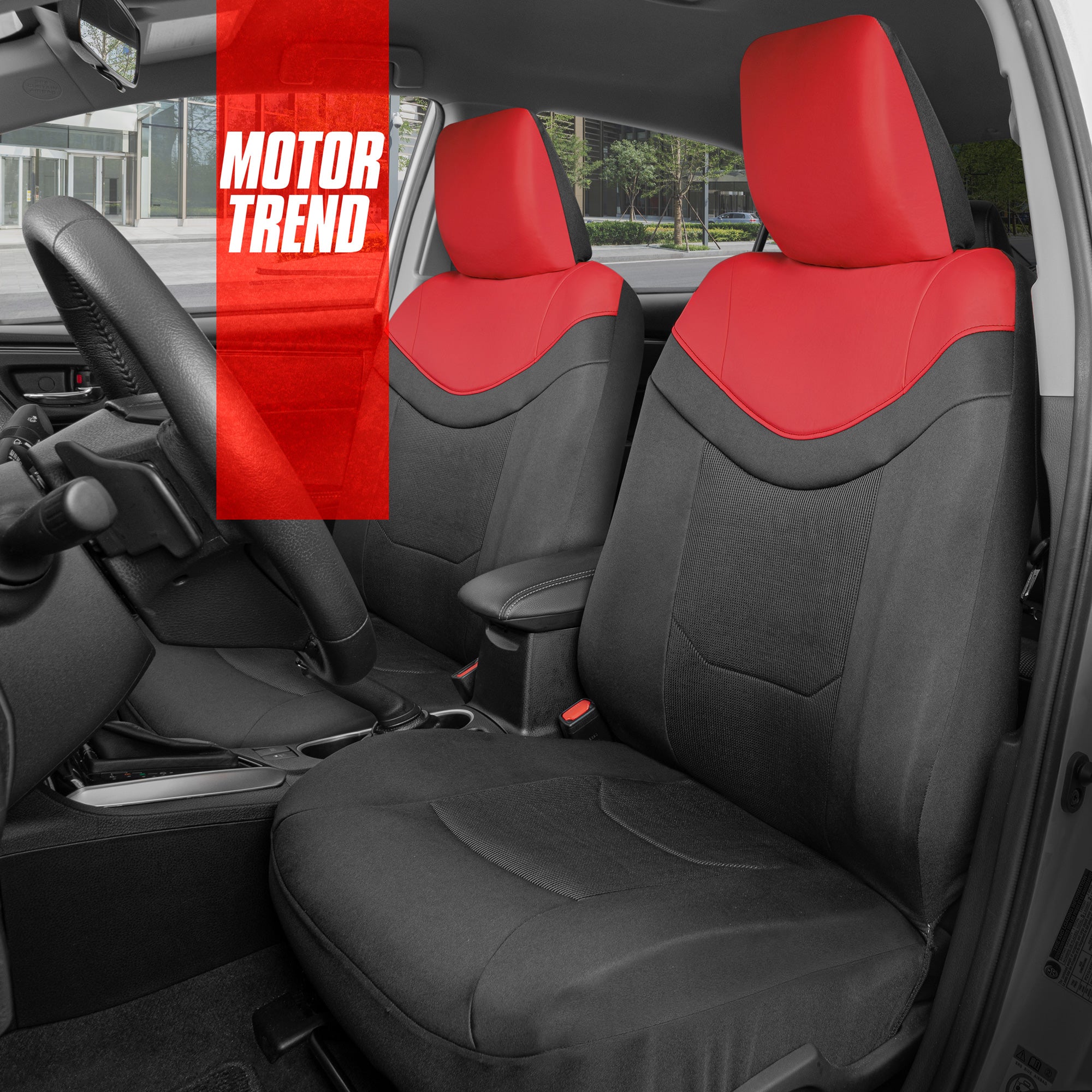 Motor Trend Premium LuxeSport Red Car Seat Covers for Front Seats – Luxury Sport Design with Breathable Mesh Seat and Faux Leather Headrest， Universal Fit Seat Covers for Car Truck Van SUV