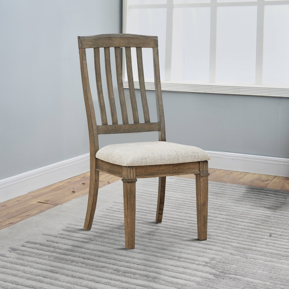 19 Inch Dining Chair  Set of 2  Slatted Back  Brown Wood  Beige Polyester