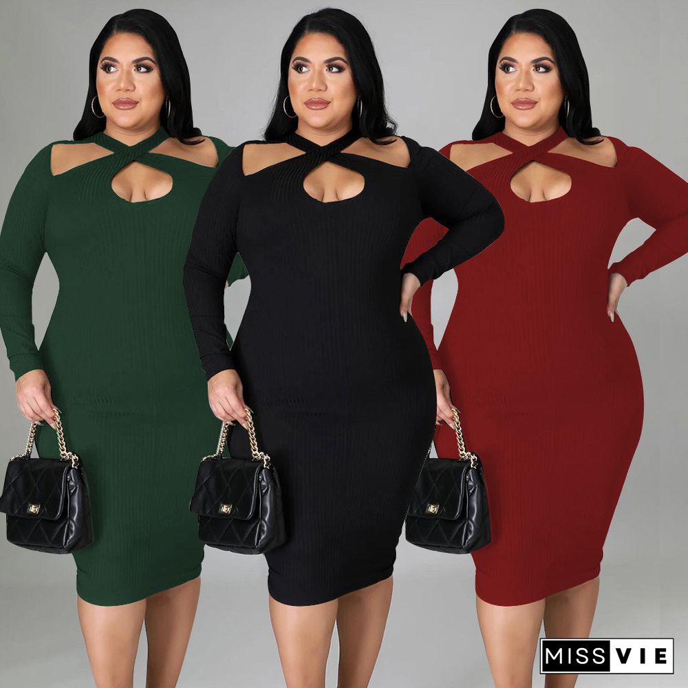 Knitted Hollow Out Long Sleeve Straight Midi Dresses