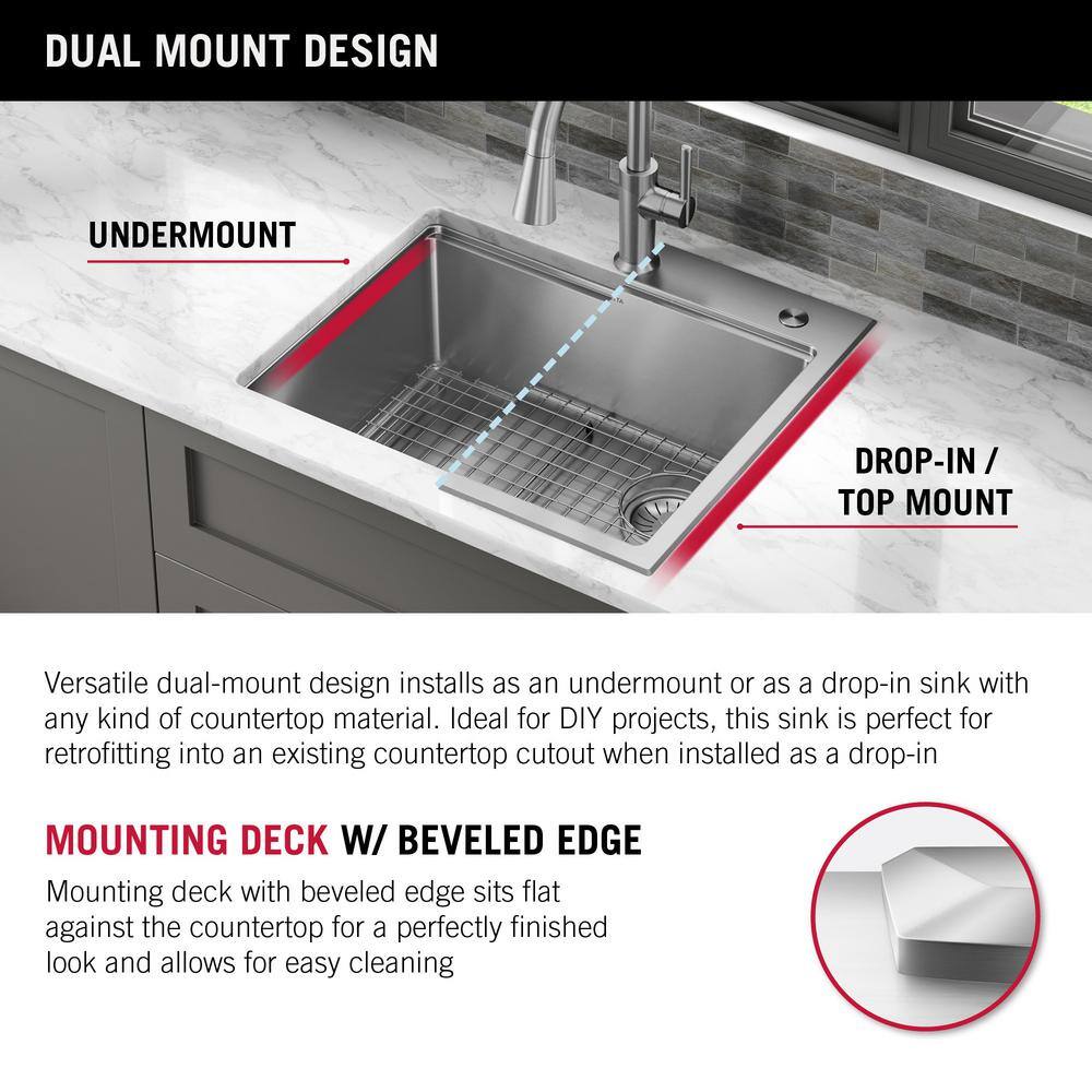 Delta Emery 18-Gauge Stainless Steel 15 in. 1-Hole Dual Mount Bar Sink with Accessories 95A9335-15S-SS-2A