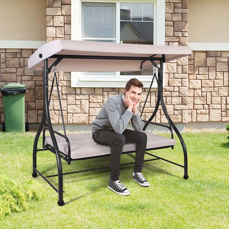 3-Seater Cushioned Metal Porch Swing with Adjustable Tilt Canopy, 2-in-1 Convertible Outdoor Patio Swing Chair Glider