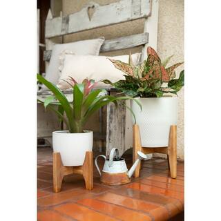 Flora Bunda 10 in. and 6.6 in. Matte White Chevron Ceramic Plant Pot on Wood Stand Stand Mid Century Planter (Set of 2) CT1298E2-MTWH