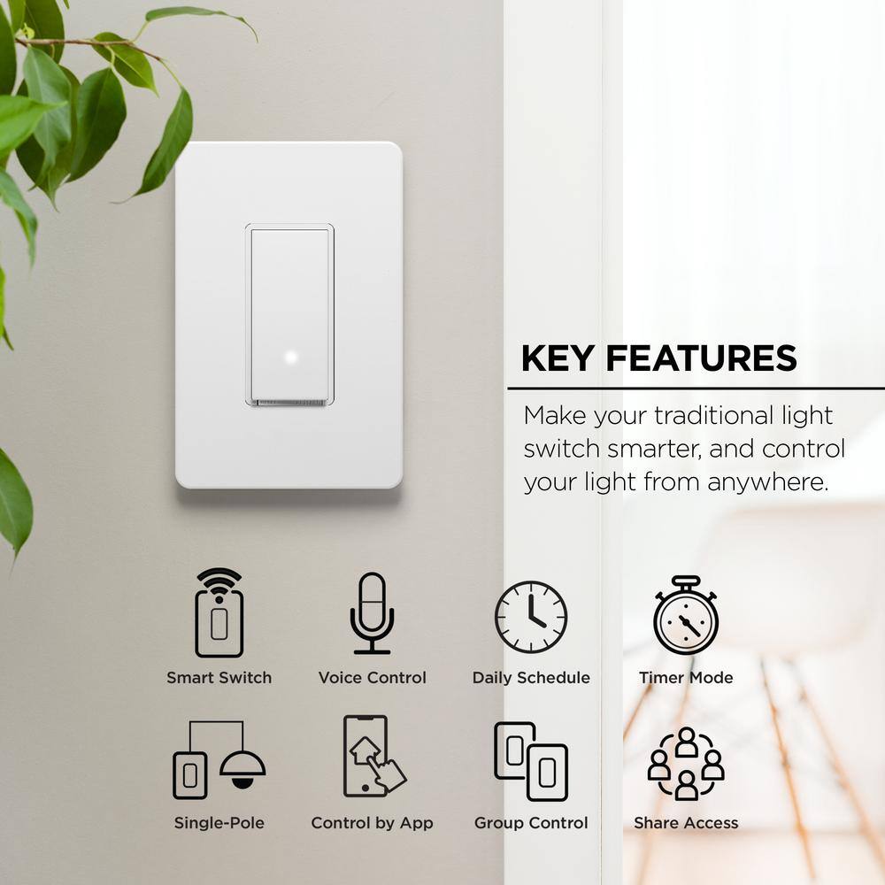 Merkury Innovations Smart Wi-Fi Light Switch White Single Pole with Voice Control Requires Neutral Wire MI-WW107-199W