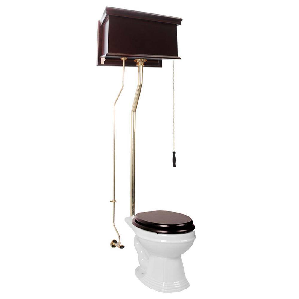 RENOVATORS SUPPLY MANUFACTURING Warwick High Tank Toilet 1.6 GPF1-Flush Elongated Bowl in White with Dark Oak Tank and Brass Pipes Seat not Included 12198