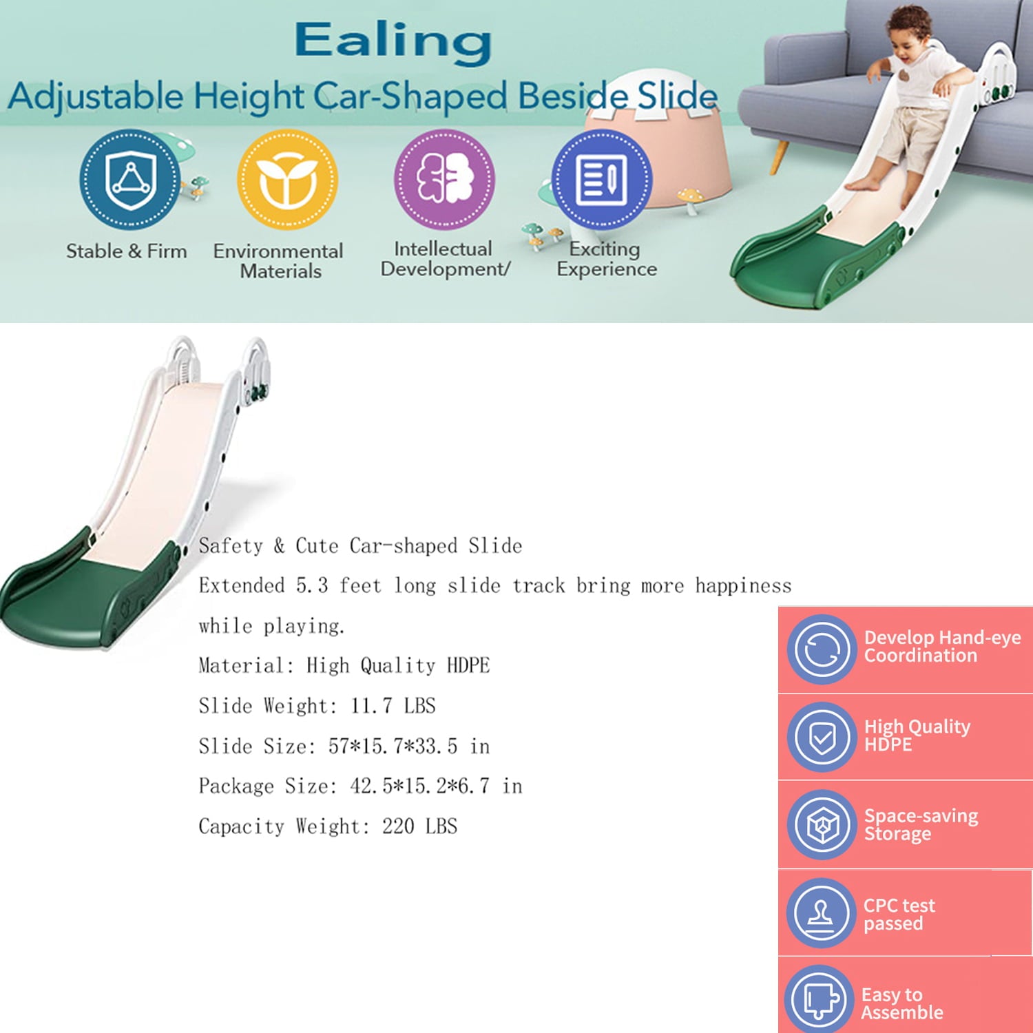 Ealing Kids Slide for Bed Couch Sofa Stairs Toddler Slide Plastic Indoor Toys Easy to Assemble The Lengthen Board Playset  (White)