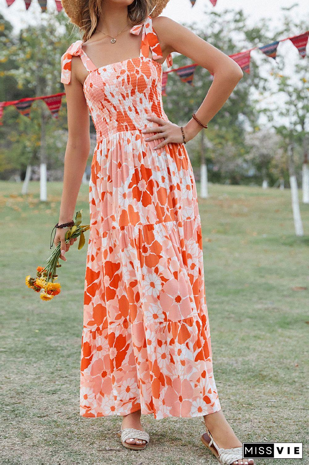 Orange Floral Tie Strap Smocked Maxi Dress