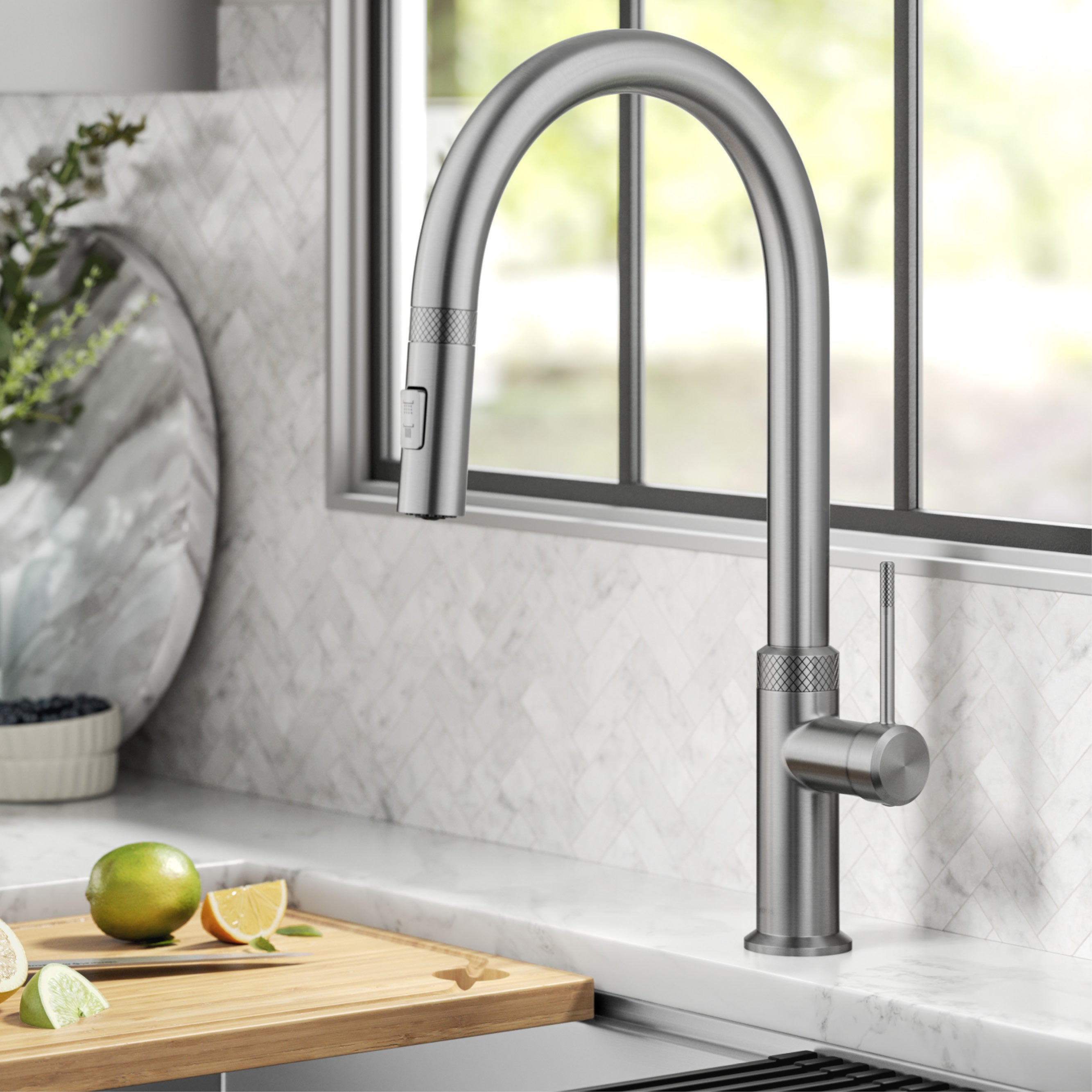 KRAUS Oletto Modern Industrial Pull-Down Single Handle Kitchen Faucet in Spot Free Stainless Steel