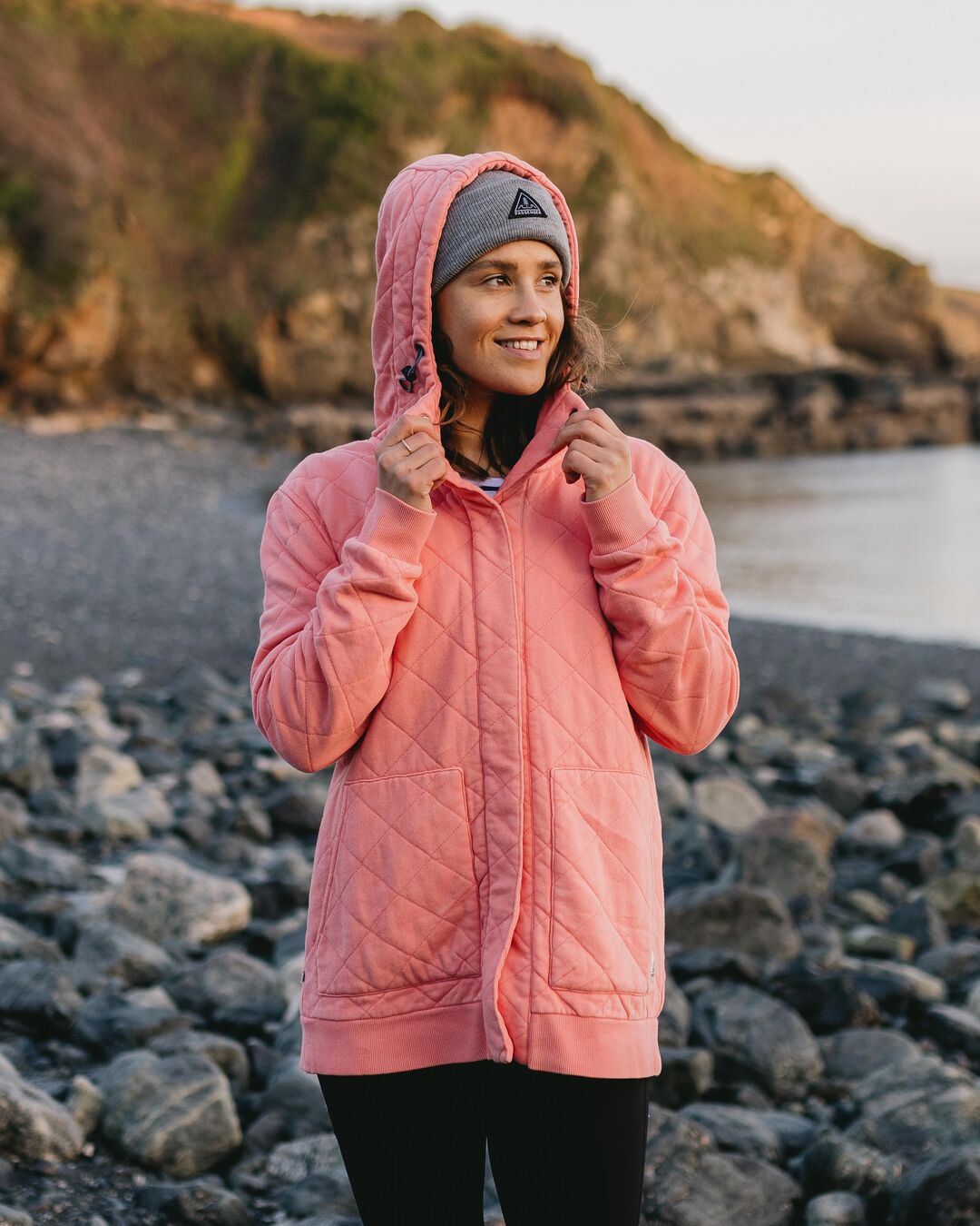 Clementine Recycled Quilted Popper Up Hoodie - Shell Pink