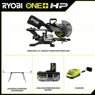 RYOBI ONE+ HP 18V Brushless Cordless 10 in. Sliding Compound Miter Saw Kit with 4.0 Ah Battery Charger and Miter Saw Stand PBLMS01K-A18MS01G