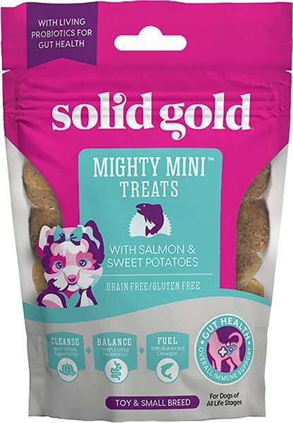 Solid Gold Mighty Mini Salmon and Sweet Potatoes Dog Treats， 4-oz bag