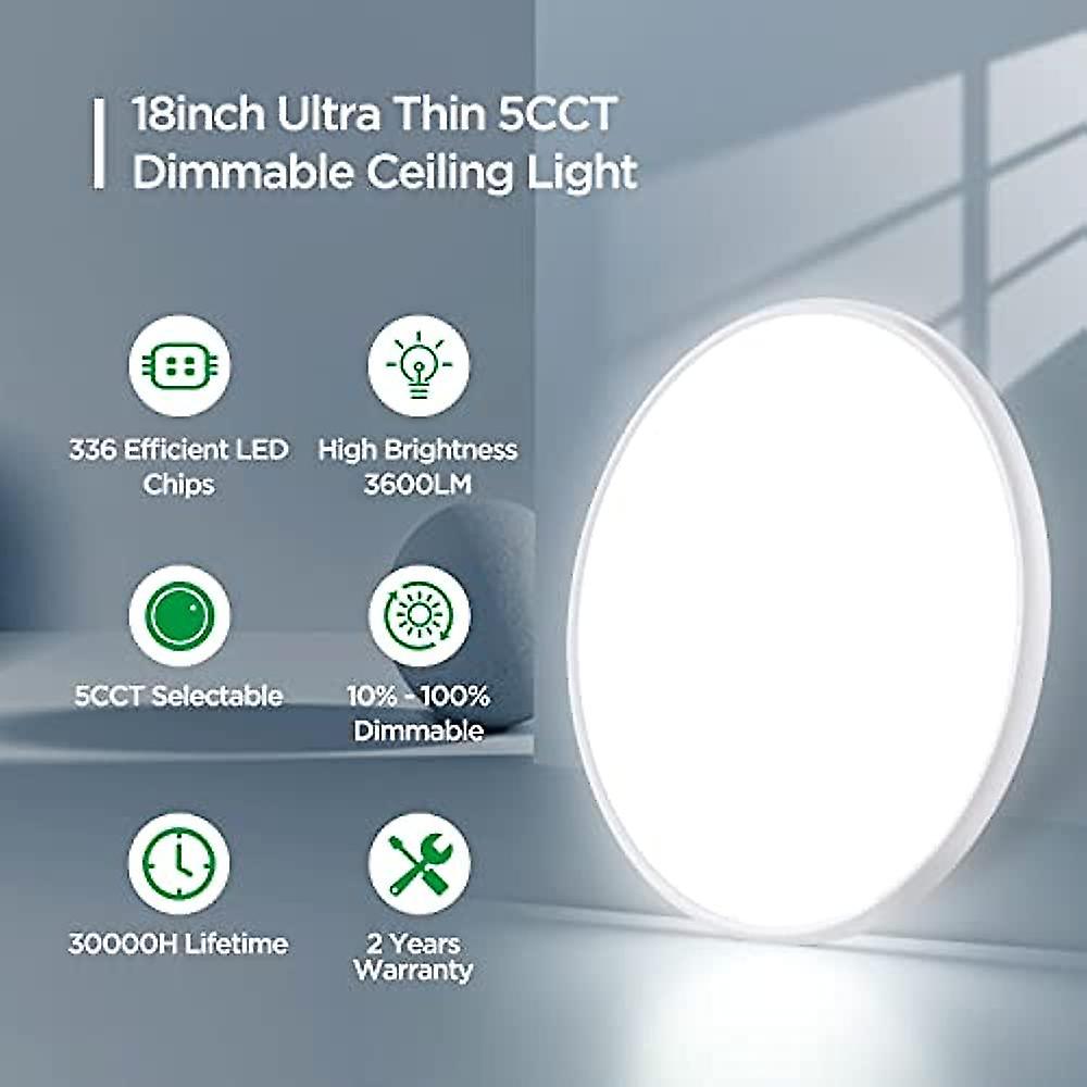 18inch Flush Mount Dimmable Ceiling Light Fixture with Backlight， 36W Output White Large Led Ceiling Light of 3 CCT Adjustable for Office，Living Room